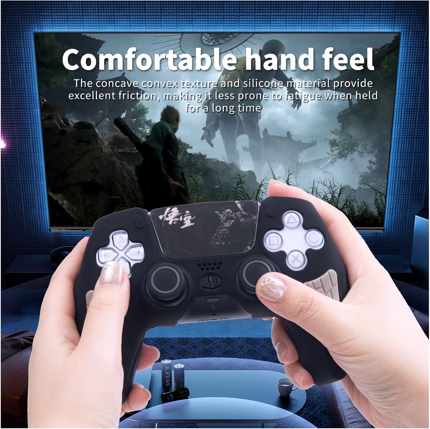 ECHZOVE PS5 Controller Cover Case, Anti-Slip Silicone Cover Skin Compatible with PS5 Controller with Thumb Grip Caps, Joystick Protectors and Cover Wrap Sticker - Black Myth Wukong-3