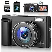 4K Digital Camera for Photography Autofocus 48MP Vlogging Camera for YouTube with SD Card 16X Digital Zoom Compact Camera, 3 Inch 180°Flip Screen, Flash, Anti-Shake, 2 Batteries