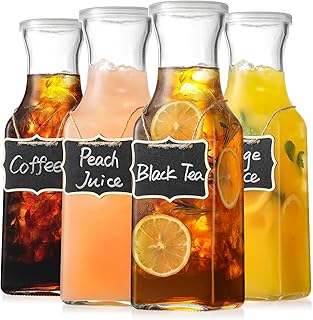 Set of 4 Square Glass Carafe with Lid, 1 Liter Clear Glass Pitcher, Beverage Serveware Carafe for Mimosa Bar, Brunch, Cold Water, Juice, Milk, Iced Tea, Lemonade