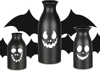 CEMABT Ceramic Vases Set 3-Halloween Home Decorations with Skull, Ghost, and Pumpkin Design-Gothic and Cute Vases for Halloween Indoor-Black Matte Finish-Perfect for Halloween Home Office Decor