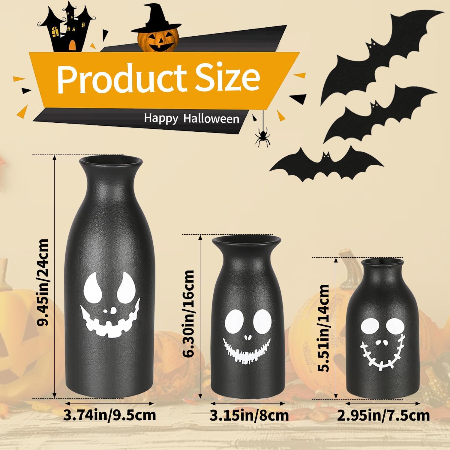 CEMABT Ceramic Vases Set 3-Halloween Home Decorations with Skull, Ghost, and Pumpkin Design-Gothic and Cute Vases for Halloween Indoor-Black Matte Finish-Perfect for Halloween Home Office Decor-2