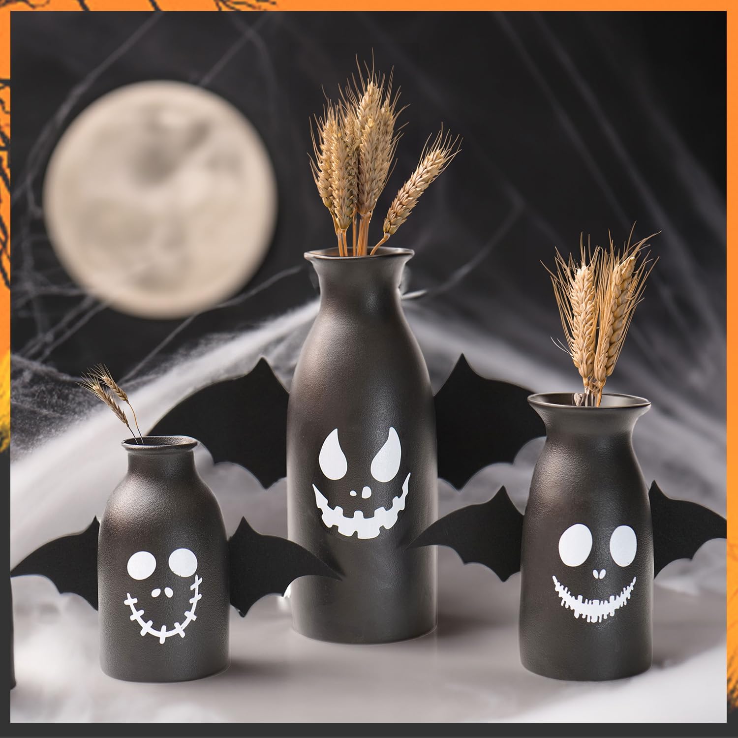 CEMABT Ceramic Vases Set 3-Halloween Home Decorations with Skull, Ghost, and Pumpkin Design-Gothic and Cute Vases for Halloween Indoor-Black Matte Finish-Perfect for Halloween Home Office Decor-3