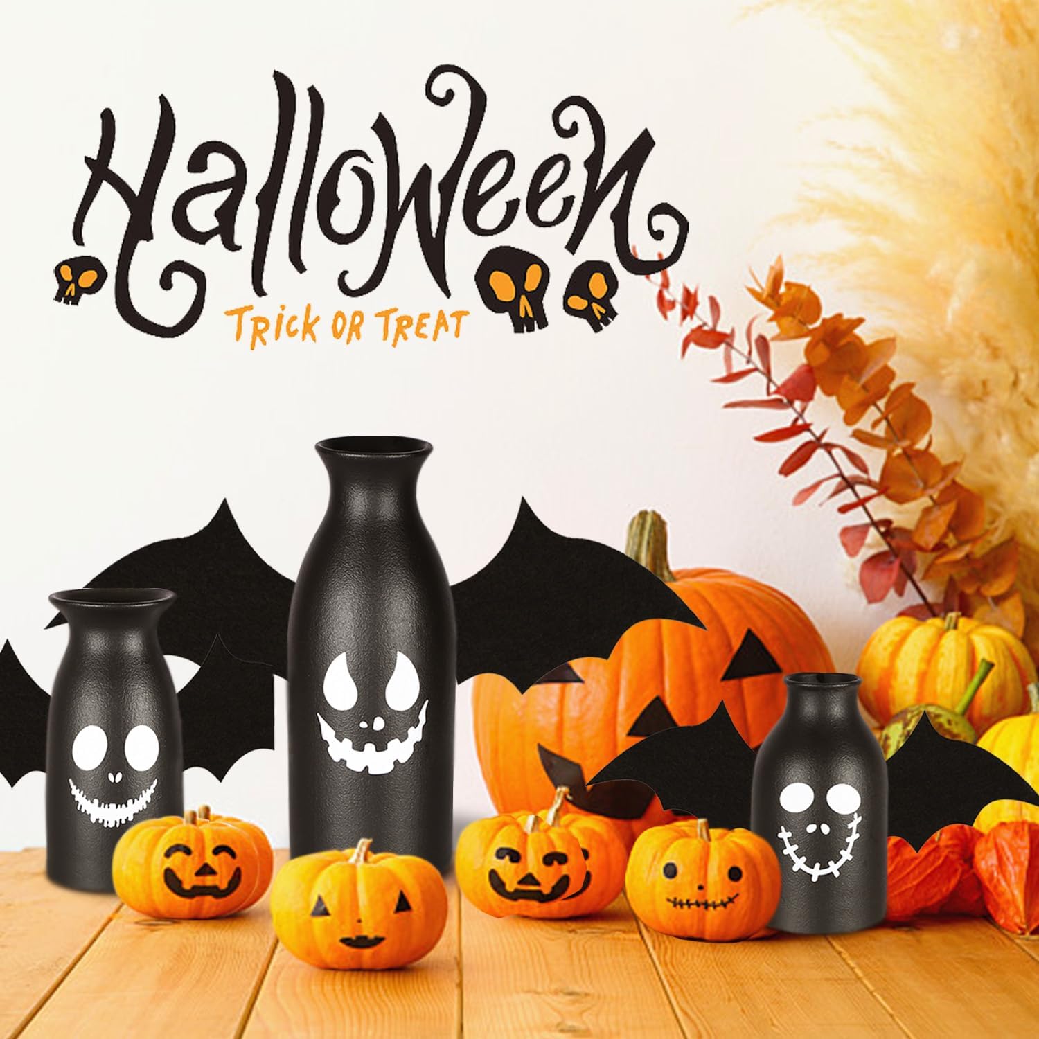 CEMABT Ceramic Vases Set 3-Halloween Home Decorations with Skull, Ghost, and Pumpkin Design-Gothic and Cute Vases for Halloween Indoor-Black Matte Finish-Perfect for Halloween Home Office Decor-4