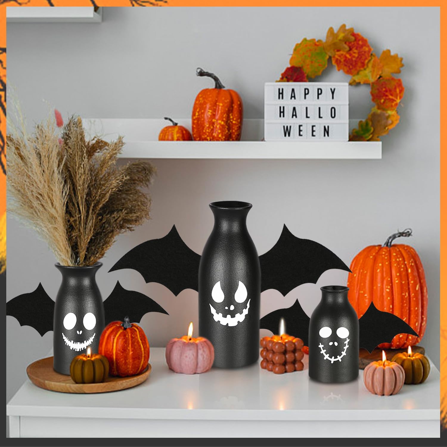 CEMABT Ceramic Vases Set 3-Halloween Home Decorations with Skull, Ghost, and Pumpkin Design-Gothic and Cute Vases for Halloween Indoor-Black Matte Finish-Perfect for Halloween Home Office Decor-5