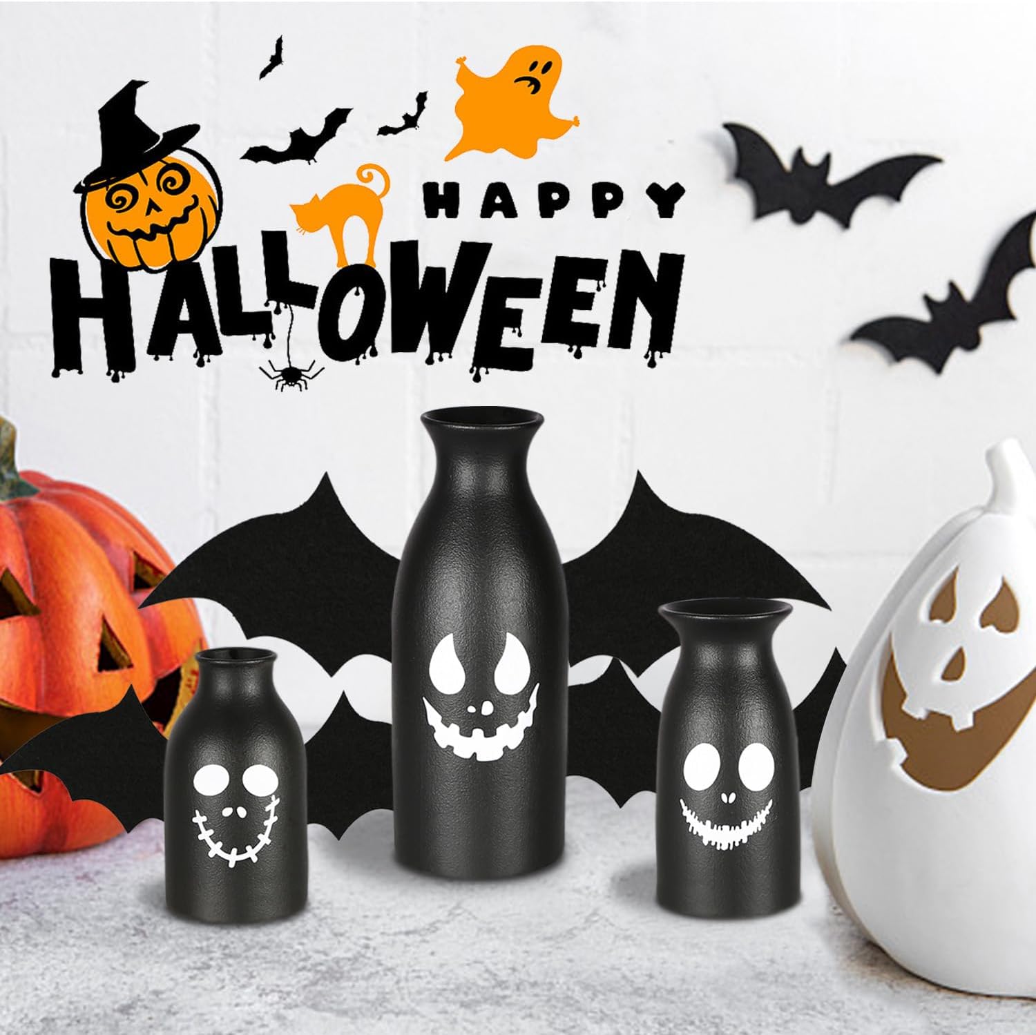 CEMABT Ceramic Vases Set 3-Halloween Home Decorations with Skull, Ghost, and Pumpkin Design-Gothic and Cute Vases for Halloween Indoor-Black Matte Finish-Perfect for Halloween Home Office Decor-6