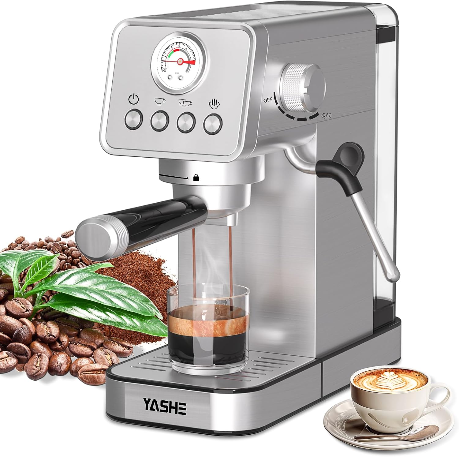 YASHE Espresso Machines, Upgraded 1350W Espresso Maker with Milk Frother Steam Wand and 37.2oz Removable Water Tank, 20 Bar Semi-Automatic Steam Espresso Coffee Maker, Cappuccino Machine for Home-0