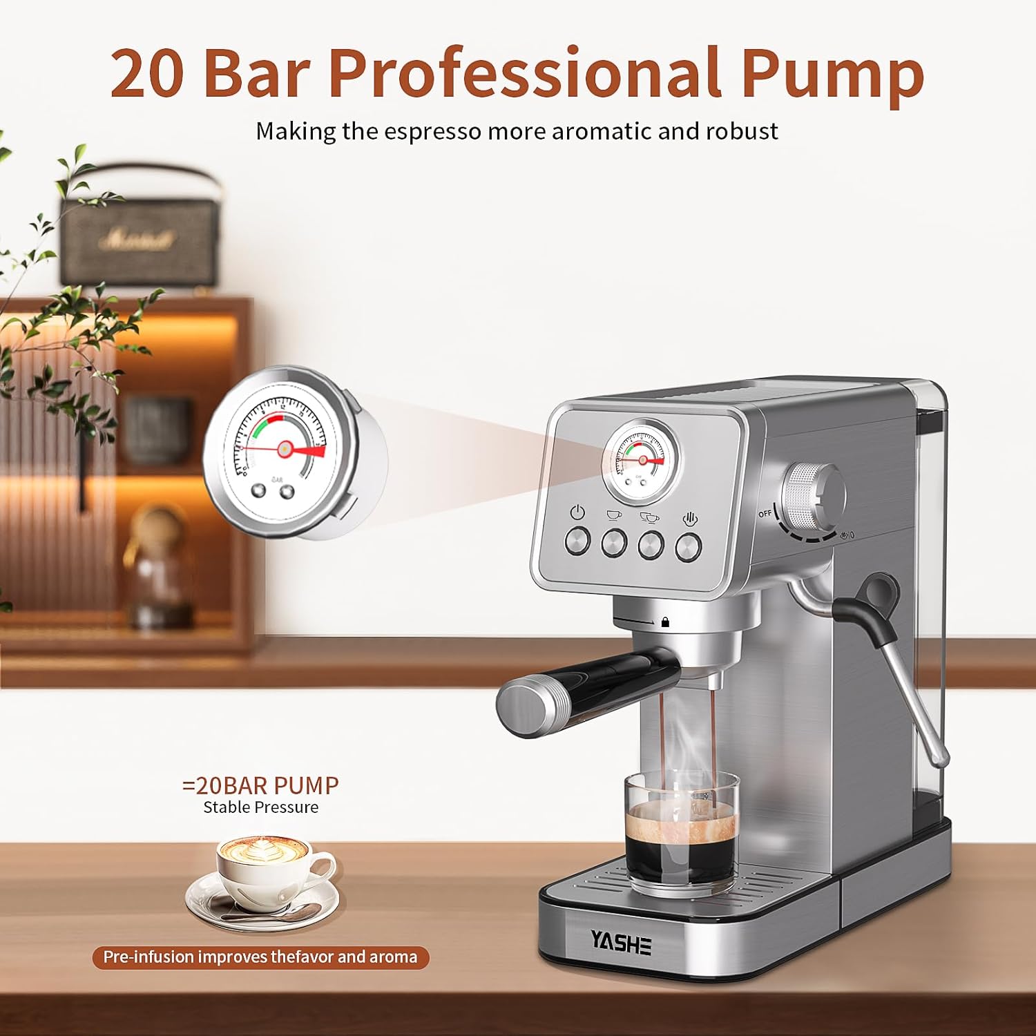 YASHE Espresso Machines, Upgraded 1350W Espresso Maker with Milk Frother Steam Wand and 37.2oz Removable Water Tank, 20 Bar Semi-Automatic Steam Espresso Coffee Maker, Cappuccino Machine for Home-1