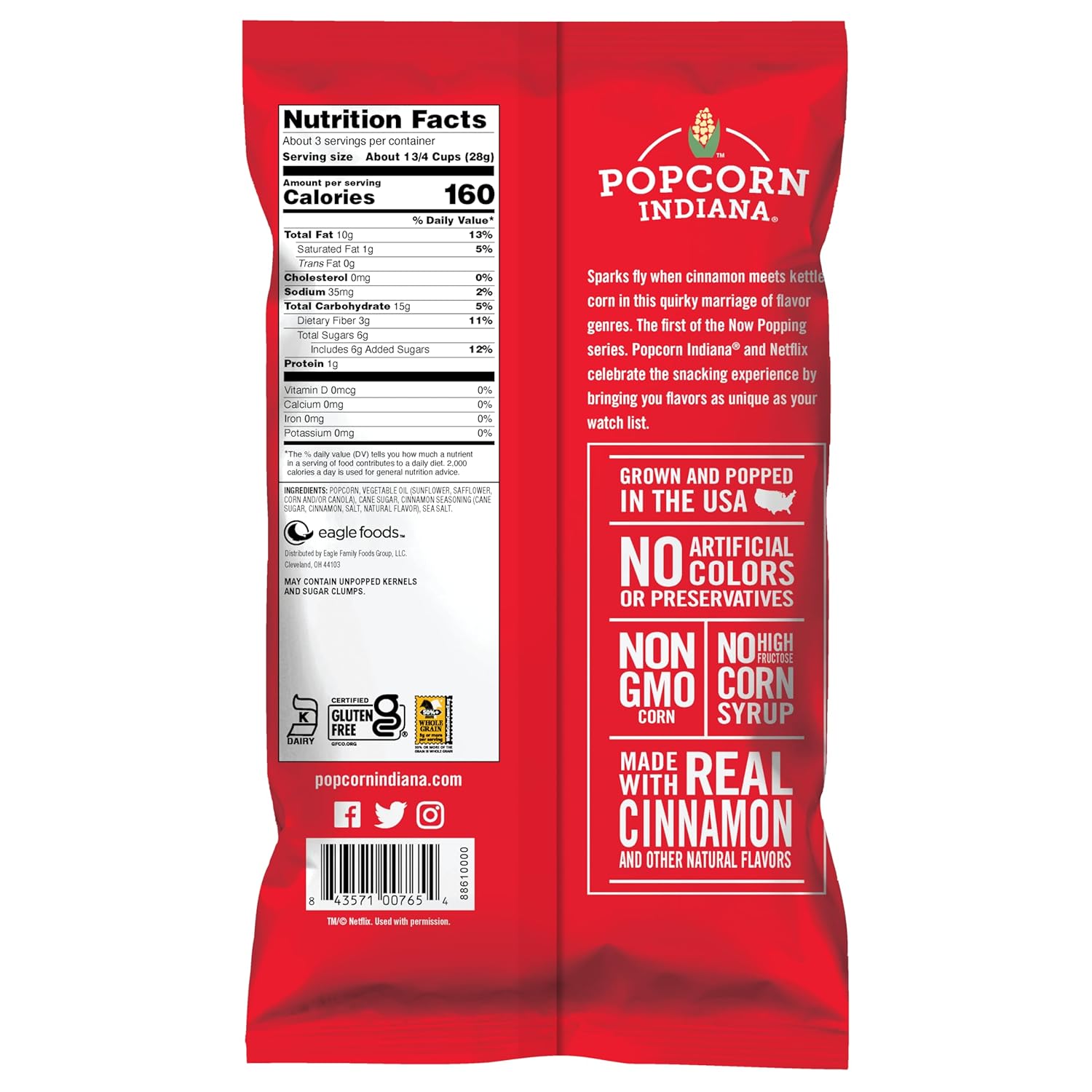 Popcorn Indiana Netflix Now Popping Swoonworthy Cinnamon Kettle Corn, (6 count - 3 Oz each)-1