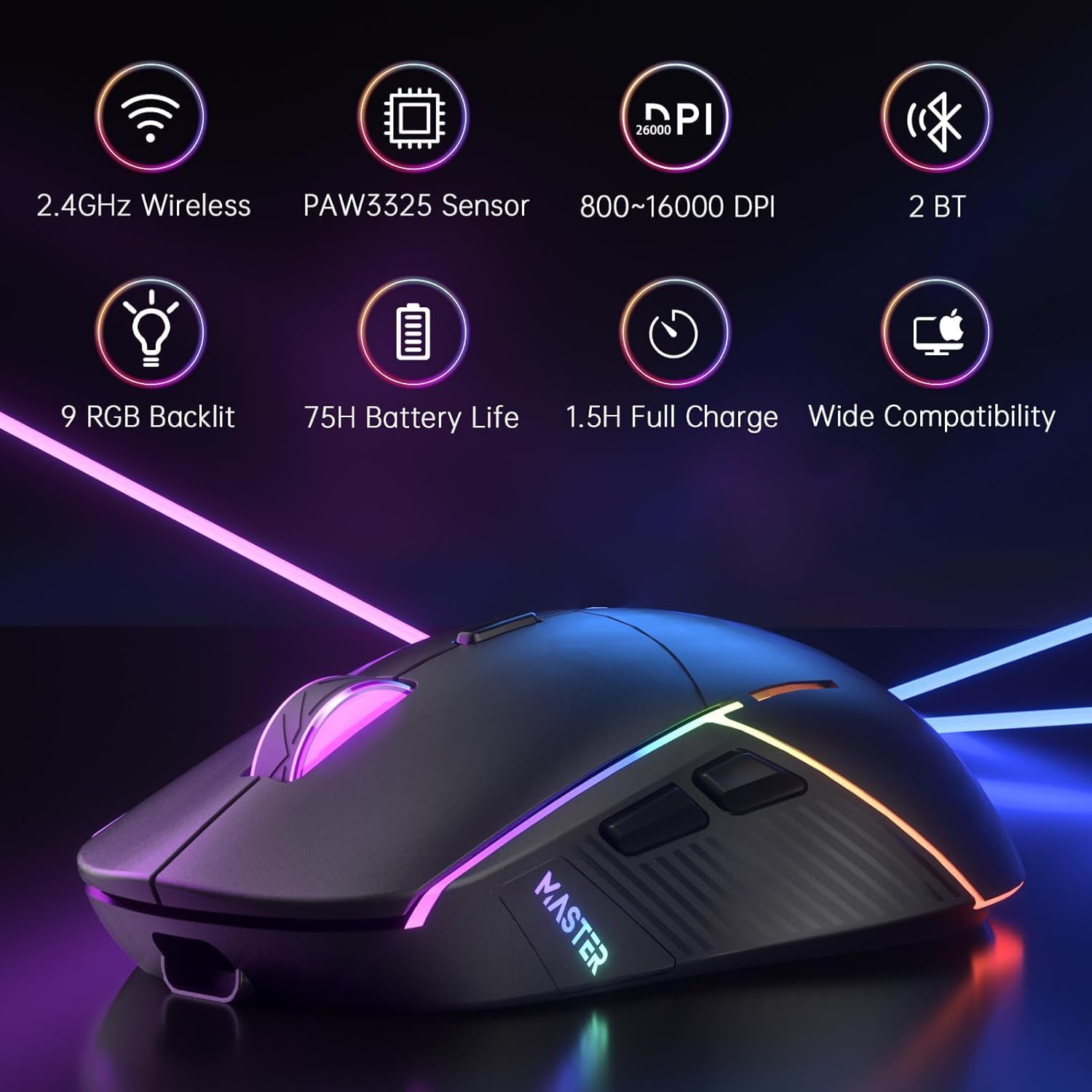 FFJ Wireless Gaming Mouse, 16000 DPI, Tri-Mode 2.4G/USB-C/Dual Bluetooth 5.0 Gaming Mouse Wireless, 9 Backlight, 75Hrs Battery Life, Rechargeable Gaming Mice for PC, Mac, Laptop, PS5, Xbox (Black)-1