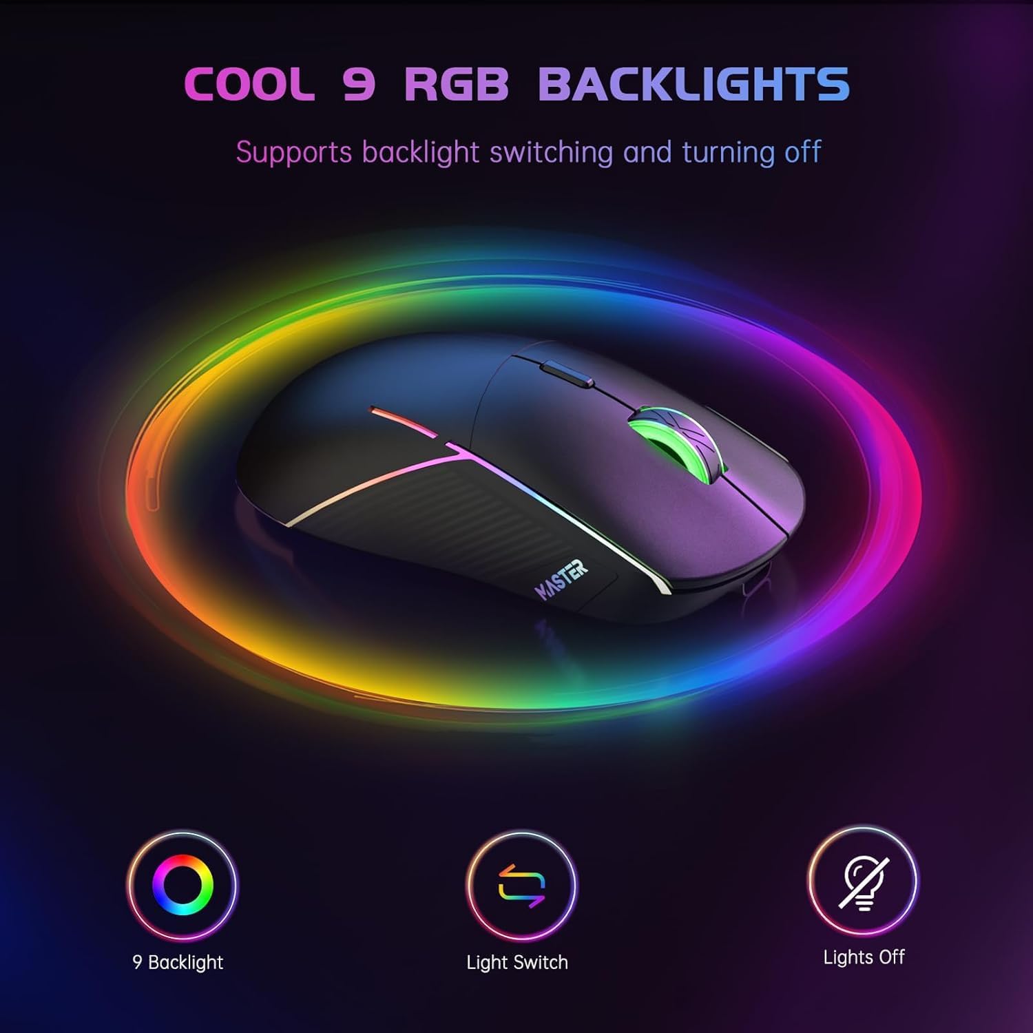 FFJ Wireless Gaming Mouse, 16000 DPI, Tri-Mode 2.4G/USB-C/Dual Bluetooth 5.0 Gaming Mouse Wireless, 9 Backlight, 75Hrs Battery Life, Rechargeable Gaming Mice for PC, Mac, Laptop, PS5, Xbox (Black)-3