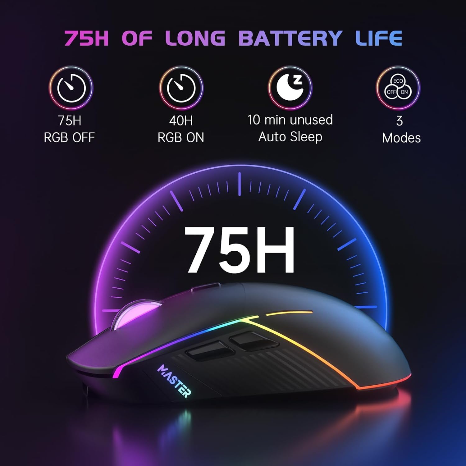 FFJ Wireless Gaming Mouse, 16000 DPI, Tri-Mode 2.4G/USB-C/Dual Bluetooth 5.0 Gaming Mouse Wireless, 9 Backlight, 75Hrs Battery Life, Rechargeable Gaming Mice for PC, Mac, Laptop, PS5, Xbox (Black)-4