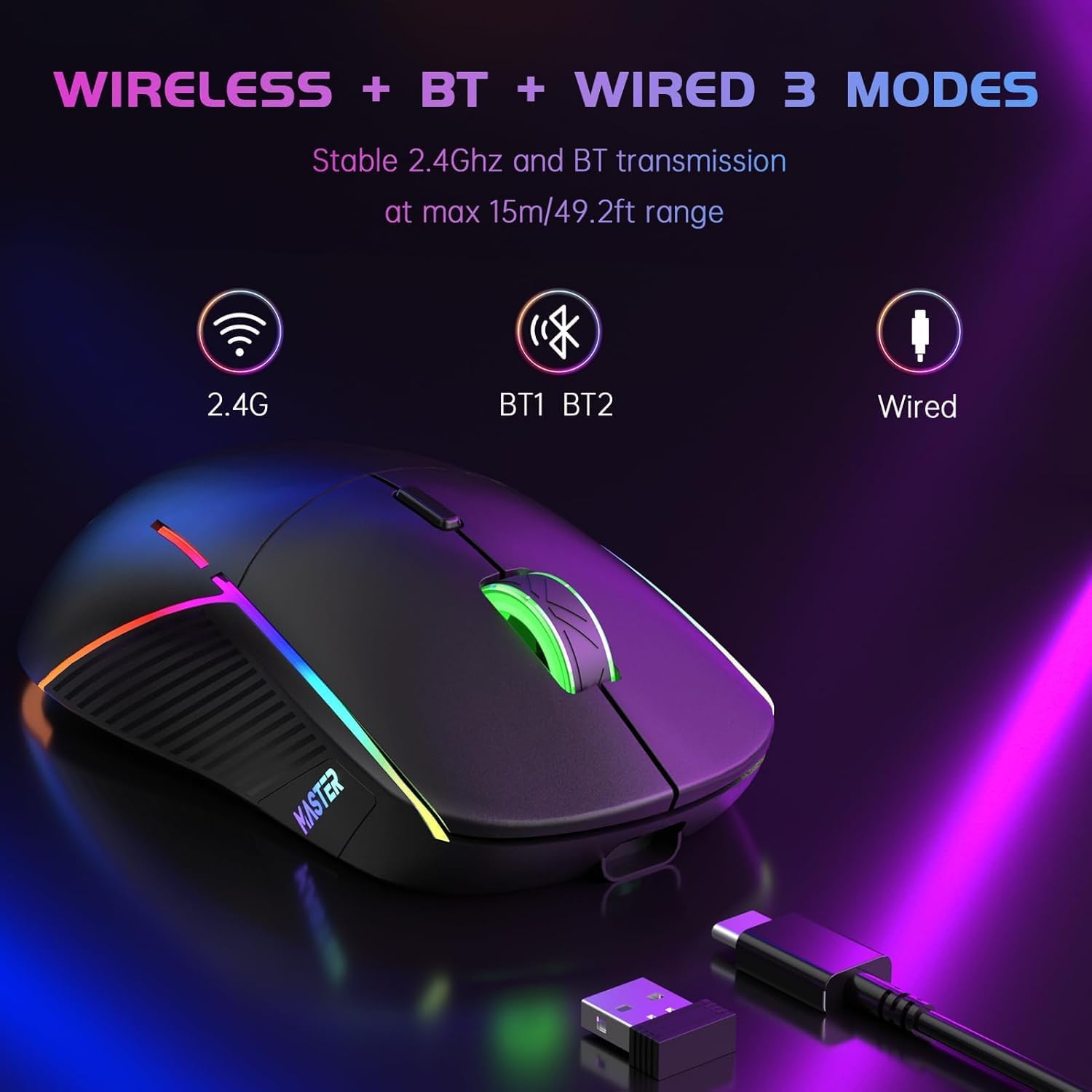 FFJ Wireless Gaming Mouse, 16000 DPI, Tri-Mode 2.4G/USB-C/Dual Bluetooth 5.0 Gaming Mouse Wireless, 9 Backlight, 75Hrs Battery Life, Rechargeable Gaming Mice for PC, Mac, Laptop, PS5, Xbox (Black)-5