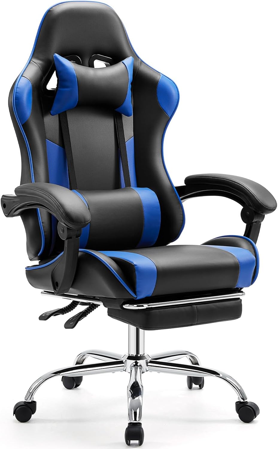 Sweetcrispy Video Game Desk Chair - Ergonomic Computer with Footrest and Comfy Lumbar Support, PU Leather Recliner with Headrest, Fixed Up Armrest, Height Adjustable with 360° Swivel, for Adults, Blue-0