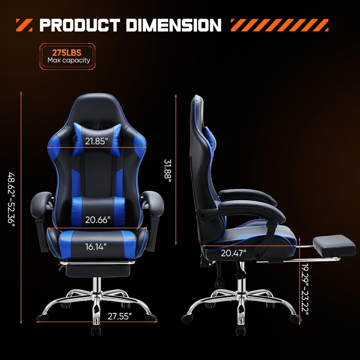 Sweetcrispy Video Game Desk Chair - Ergonomic Computer with Footrest and Comfy Lumbar Support, PU Leather Recliner with Headrest, Fixed Up Armrest, Height Adjustable with 360° Swivel, for Adults, Blue-2