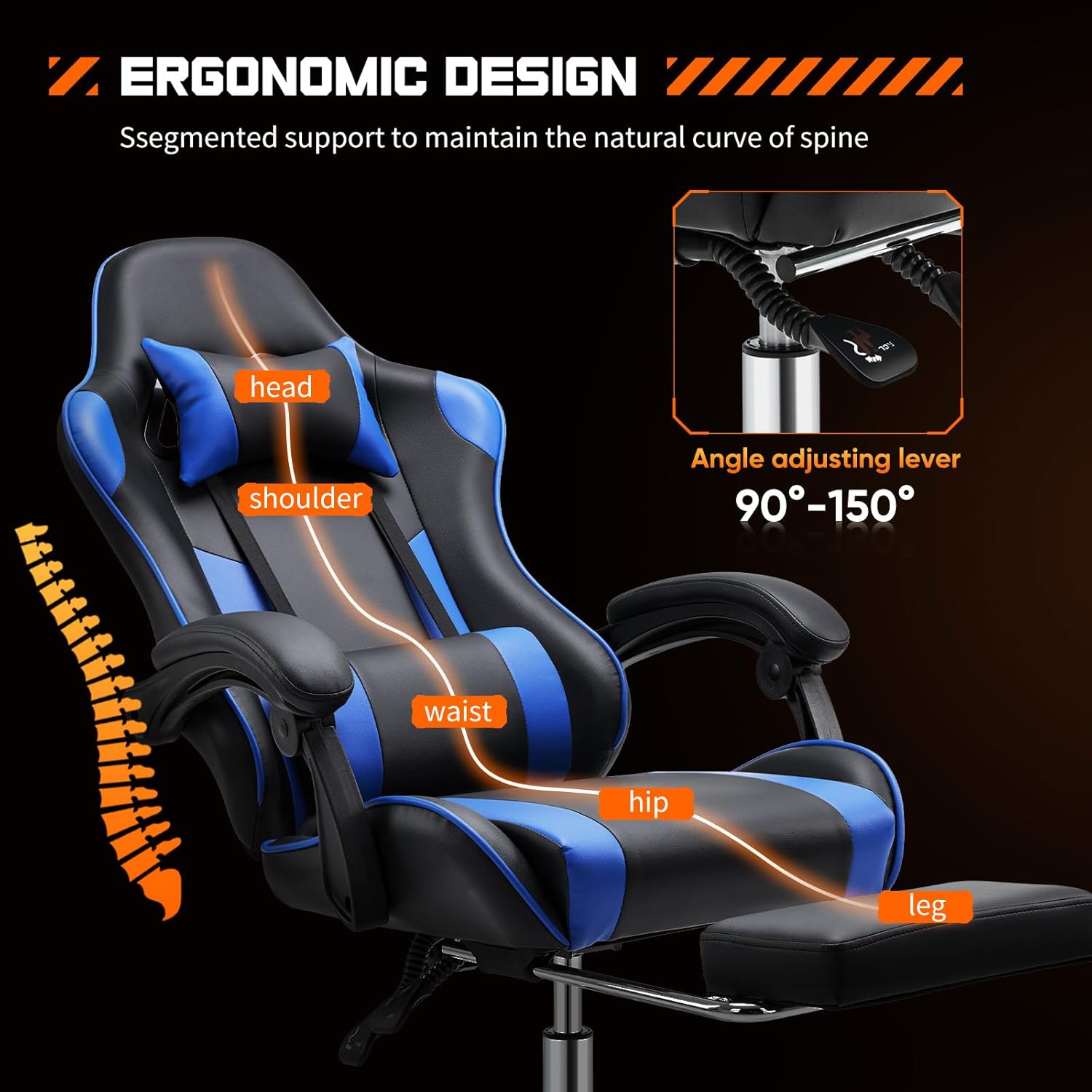 Sweetcrispy Video Game Desk Chair - Ergonomic Computer with Footrest and Comfy Lumbar Support, PU Leather Recliner with Headrest, Fixed Up Armrest, Height Adjustable with 360° Swivel, for Adults, Blue-3