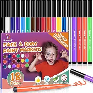 18 Colors Face Painting Markers, Water Resistance Sweatproof Halloween Face Body Paint Markers, Waterproof Tattoo Pen, Anti Smudge Face Paint Markers for Halloween Party Kids Adults