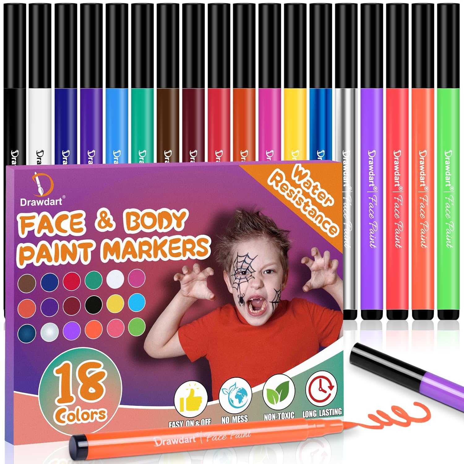 18 Colors Face Painting Markers, Water Resistance Sweatproof Halloween Face Body Paint Markers, Waterproof Tattoo Pen, Anti Smudge Face Paint Markers for Halloween Party Kids Adults-0