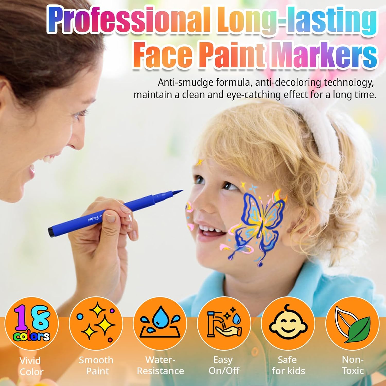 18 Colors Face Painting Markers, Water Resistance Sweatproof Halloween Face Body Paint Markers, Waterproof Tattoo Pen, Anti Smudge Face Paint Markers for Halloween Party Kids Adults-1