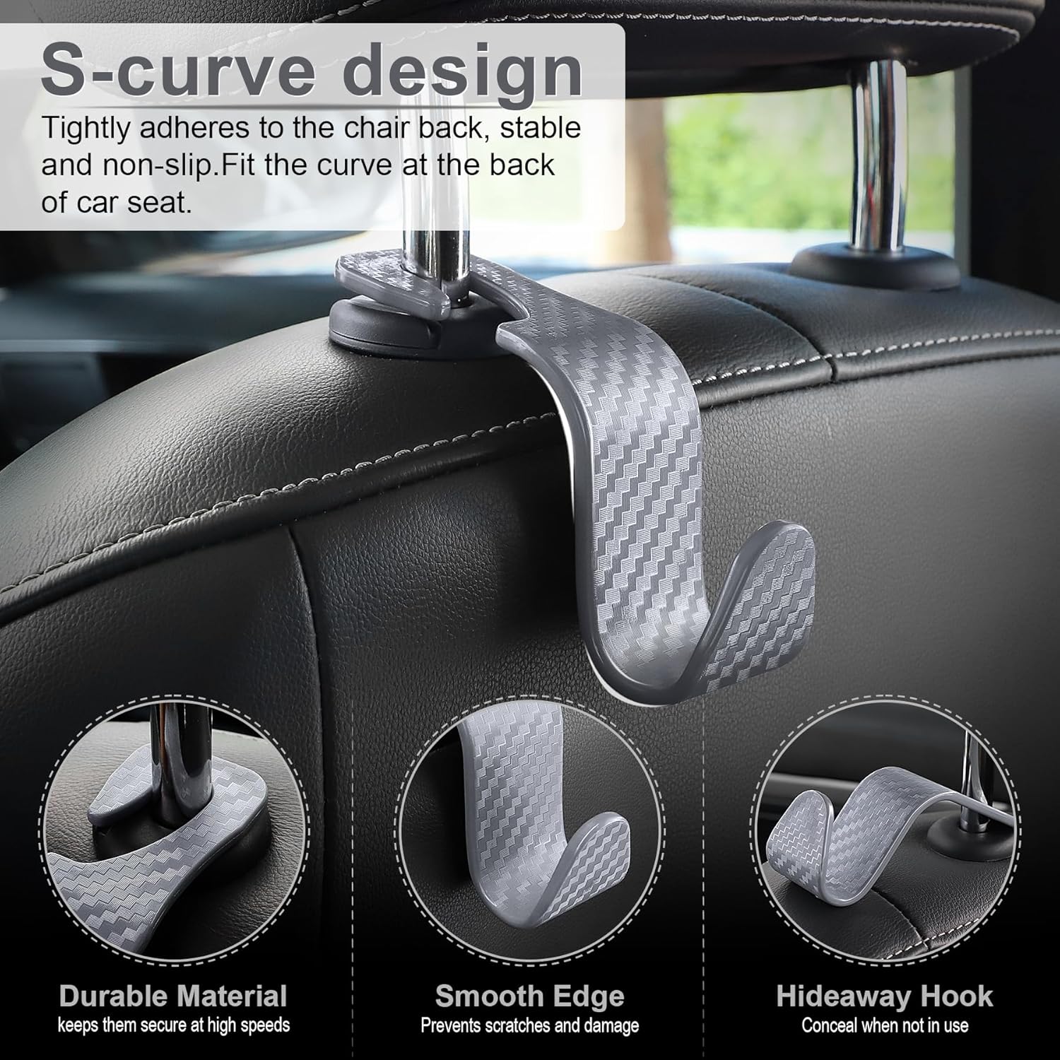 LivTee Car Purse Hook, Headrest Hook for Car, 4 Pack Universal Auto Car Seat Headrest Hook Hangers Organizer for Purse Coat Umbrellas Grocery Bags Handbag, Car Accessories - Carbon Fiber Gray-1