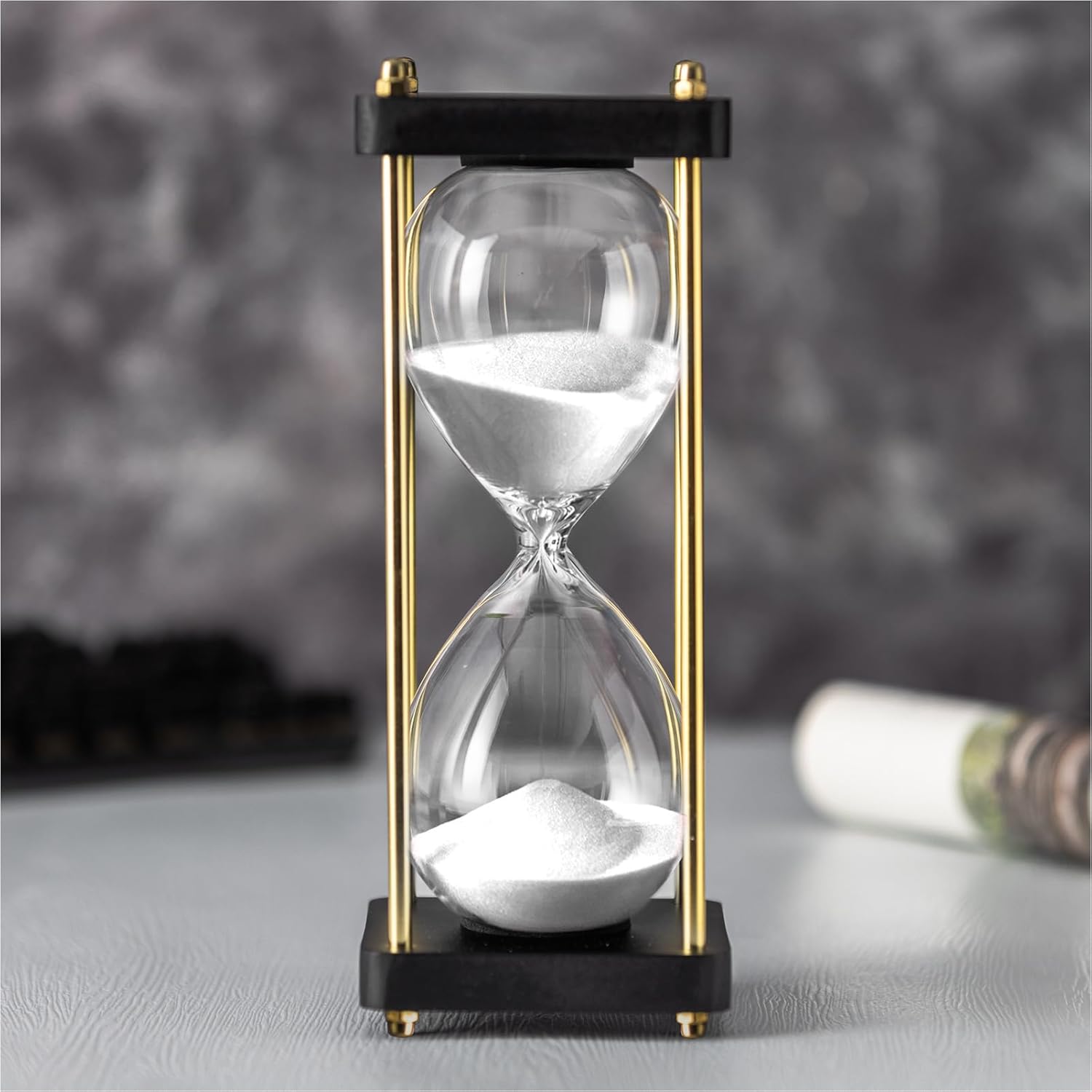 Hourglass Timer 60 Minute with Golden Pillars, Black Wooden Base Decorative Sand Timer (White Sand, Large Size)-1