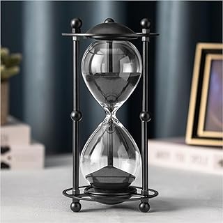 Hourglass Timer 30 Minute, Black Metal Frame Decorative Sand Timer (Black Sand, Medium Size)