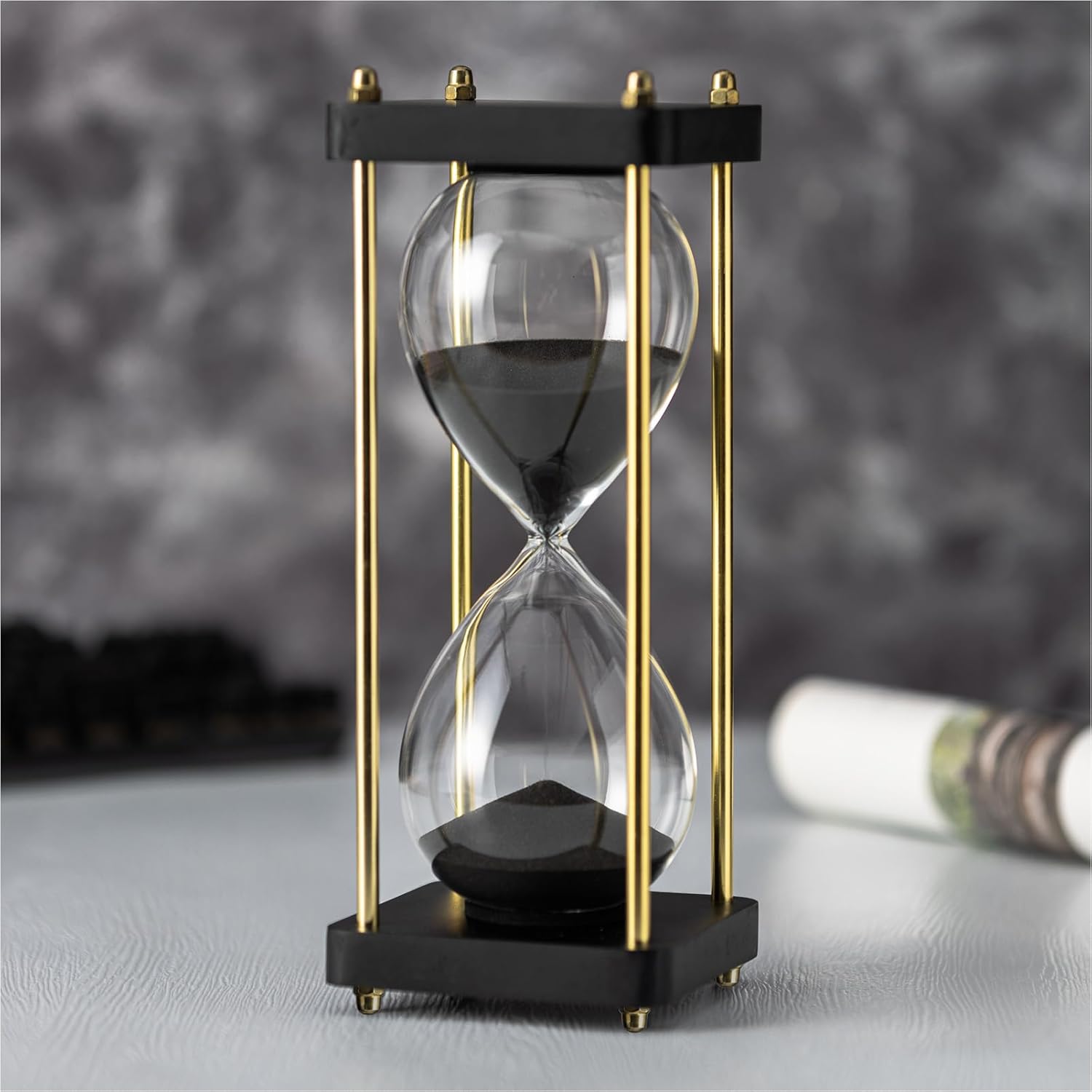 Hourglass Timer 60 Minute with Golden Pillars, Black Wooden Base Decorative Sand Timer (Black Sand, Large Size)-0