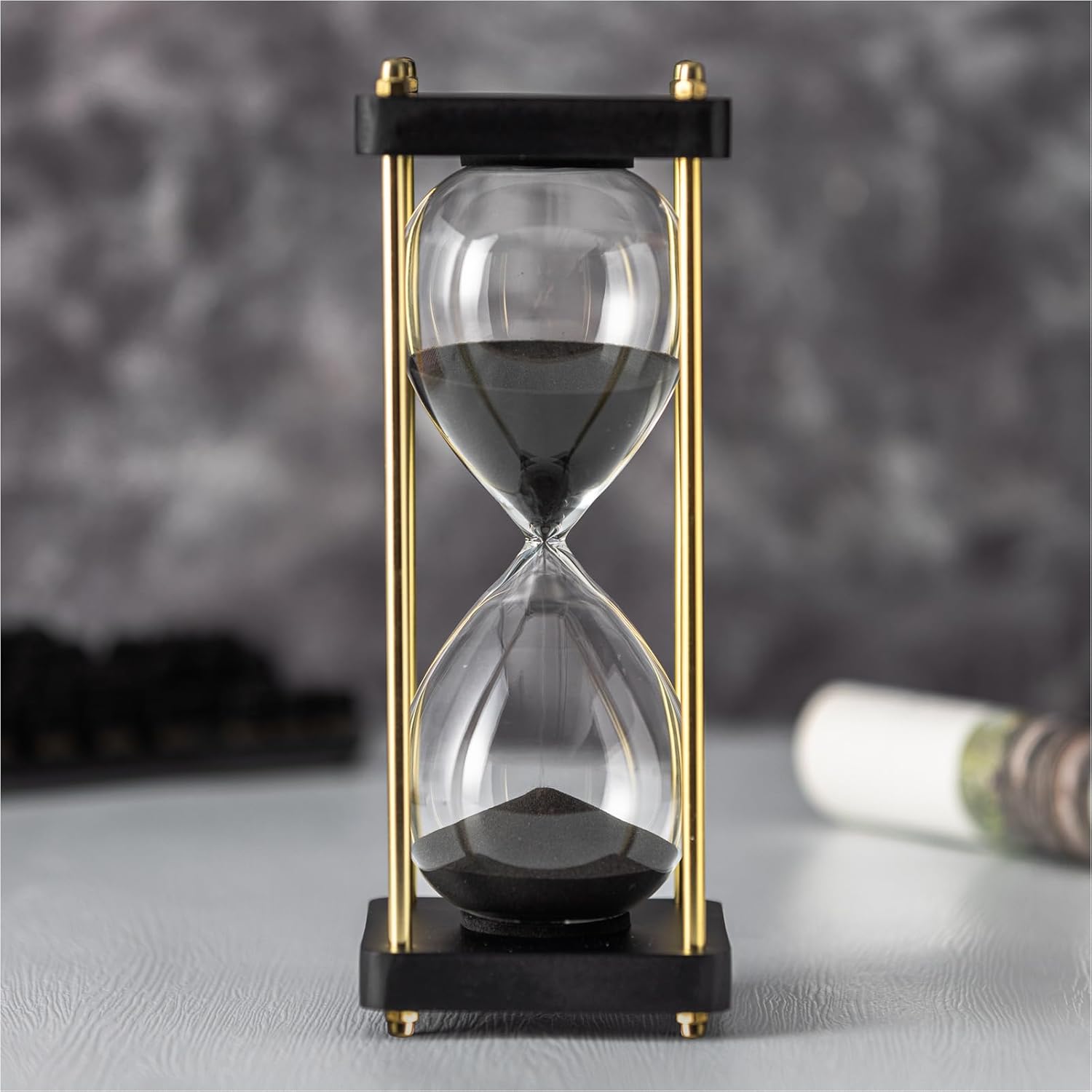 Hourglass Timer 60 Minute with Golden Pillars, Black Wooden Base Decorative Sand Timer (Black Sand, Large Size)-1