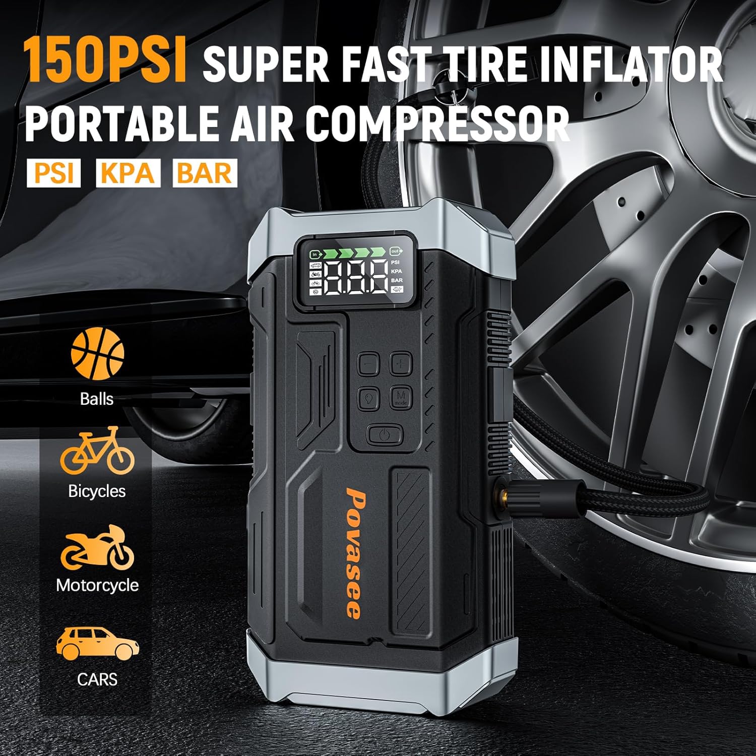 [2025NEW Model] 5000A Jump Starter with Air Compressor,Battery Jumper Starter Portable with 150PSI Tire Inflator 12V Jump Box with LCD Display,Flashlight,Storage Case (Up 9L Gas/8L Diesel Engine-2