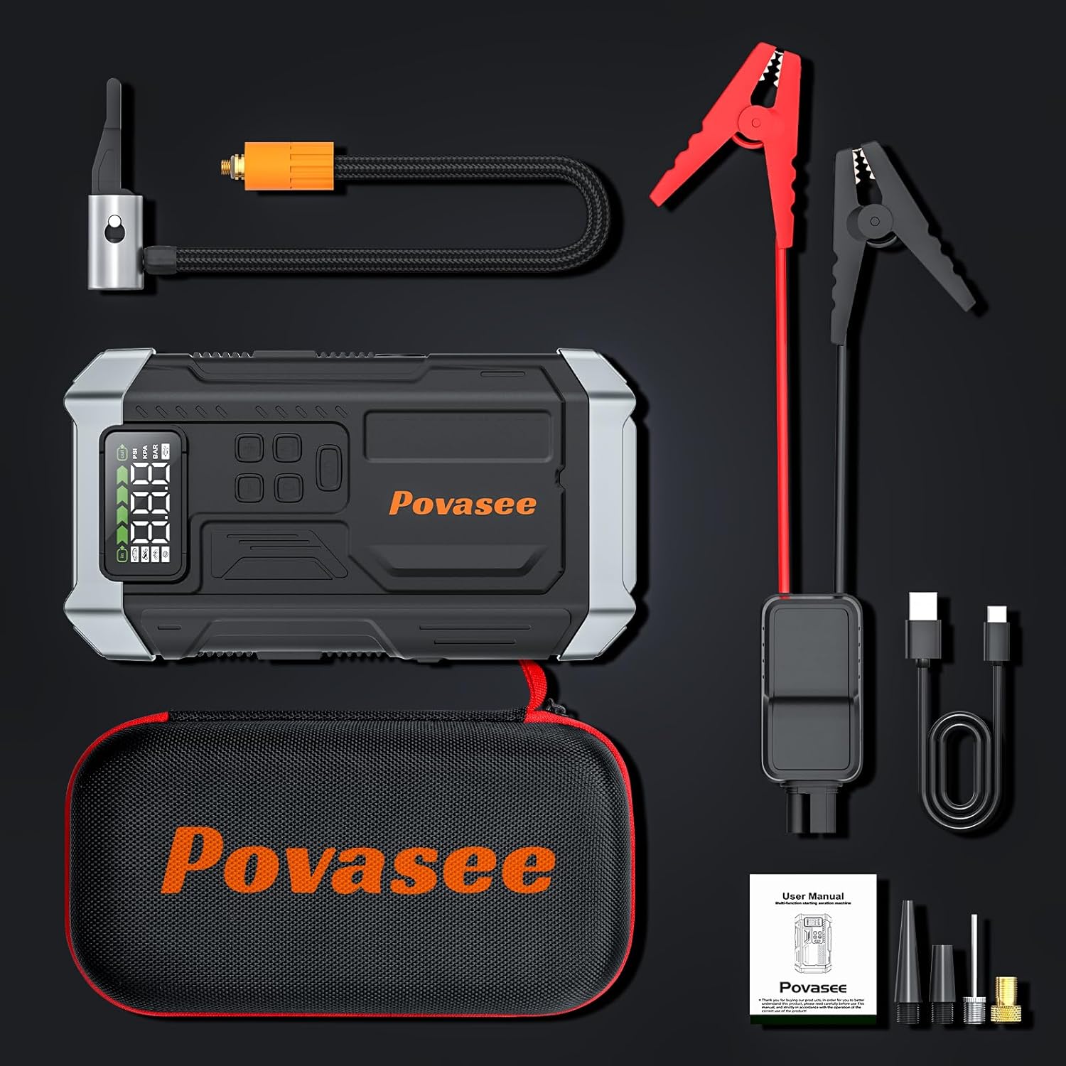 [2025NEW Model] 5000A Jump Starter with Air Compressor,Battery Jumper Starter Portable with 150PSI Tire Inflator 12V Jump Box with LCD Display,Flashlight,Storage Case (Up 9L Gas/8L Diesel Engine-7