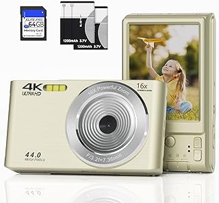 Digital Camera FHD 4K 44MP with 64GB SD Card 16X Digital Zoom 2024 Digital Cameras FHD 1080P Cheap Simple Compact Portable Small Camera with Memory Card Gifts for Teens Boys Girls Kids (Cream)