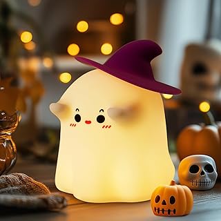 Luditek Cute Ghost w/Witch Hat Halloween Lights, Silicone Dimmable Desk Decor Lights for Halloween Decorations Indoor Home Room Office Table, Halloween Gifts for Kids, Girls, Women