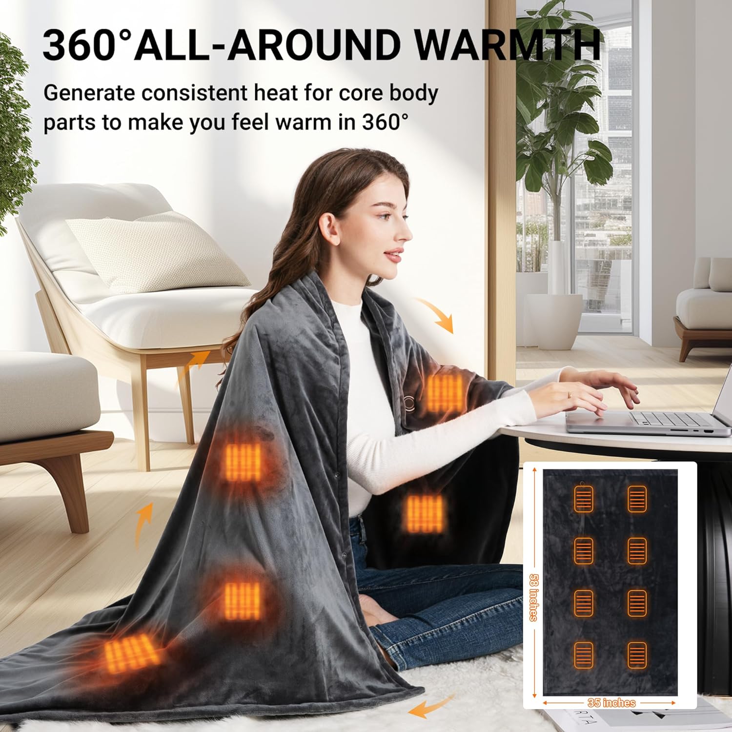 Heated Blanket with 20000mAh Power Bank, 58"X35" Dual-Sided Crystal Velvet, Rapid Heating, 3 Temps, Portable Cordless Heated Throw Shawl for Indoor & Outdoor Comfort, (Dark Gray)-2