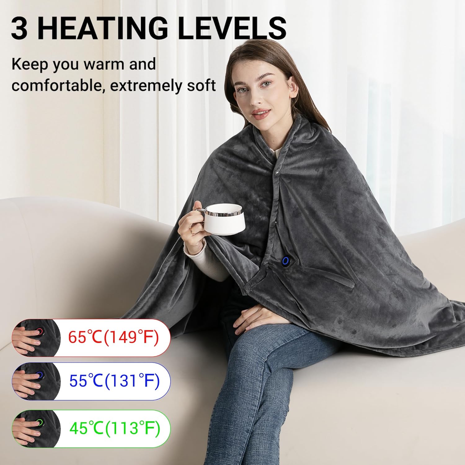 Heated Blanket with 20000mAh Power Bank, 58"X35" Dual-Sided Crystal Velvet, Rapid Heating, 3 Temps, Portable Cordless Heated Throw Shawl for Indoor & Outdoor Comfort, (Dark Gray)-3