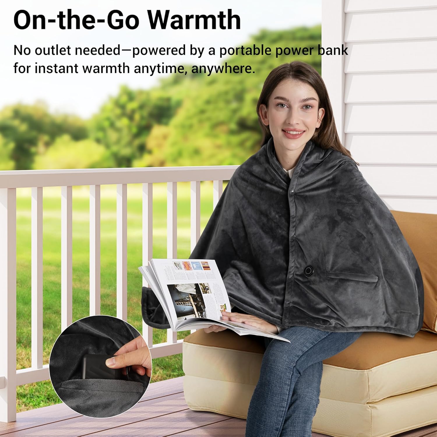 Heated Blanket with 20000mAh Power Bank, 58"X35" Dual-Sided Crystal Velvet, Rapid Heating, 3 Temps, Portable Cordless Heated Throw Shawl for Indoor & Outdoor Comfort, (Dark Gray)-4