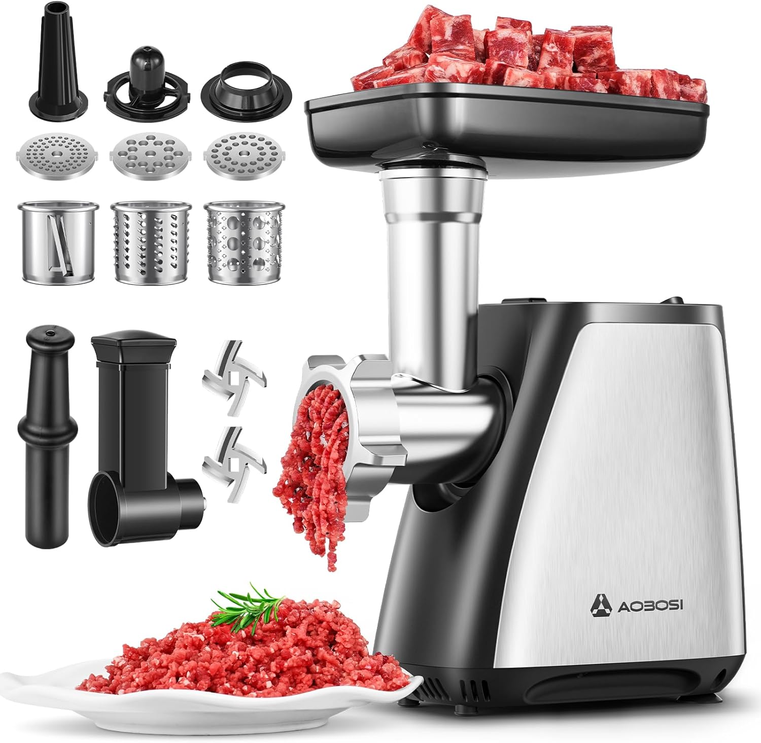 AAOBOSI Meat Grinder, 4-In-1 Meat Grinder Electric [2800W Max] with 3 Slice, Shred Blades,2 Blades,4 Plates,Sausage Stuffer,Kubbe Kit, for Home Kitchen Use, Stainless Steel-0