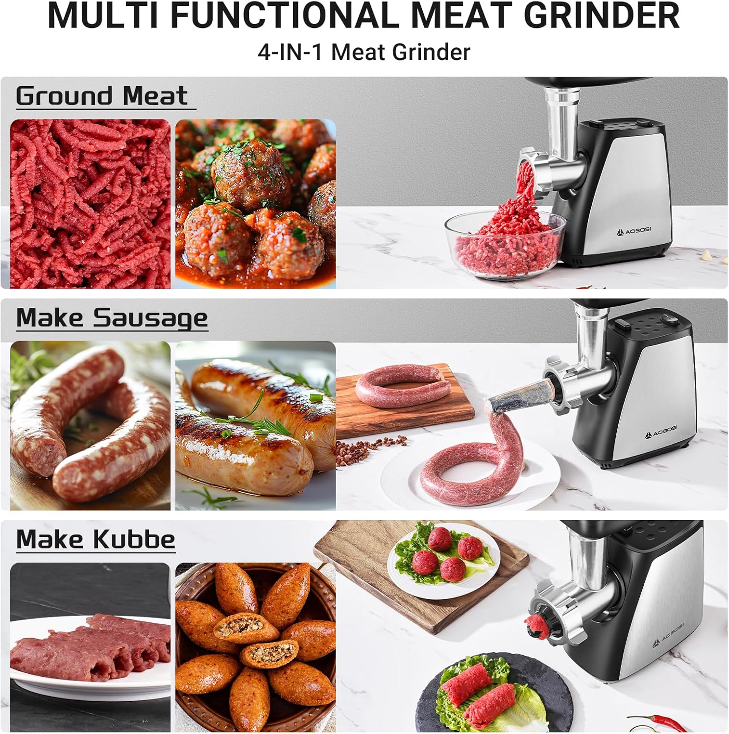 AAOBOSI Meat Grinder, 4-In-1 Meat Grinder Electric [2800W Max] with 3 Slice, Shred Blades,2 Blades,4 Plates,Sausage Stuffer,Kubbe Kit, for Home Kitchen Use, Stainless Steel-1