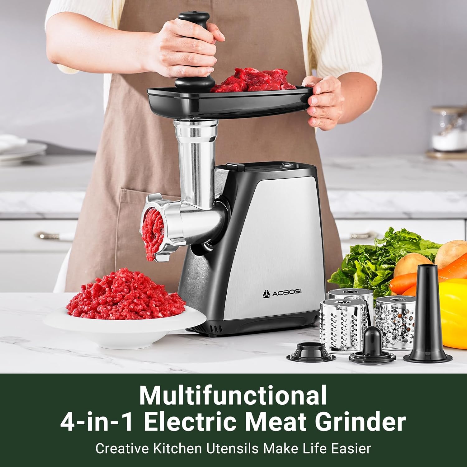 AAOBOSI Meat Grinder, 4-In-1 Meat Grinder Electric [2800W Max] with 3 Slice, Shred Blades,2 Blades,4 Plates,Sausage Stuffer,Kubbe Kit, for Home Kitchen Use, Stainless Steel-8