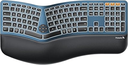 ProtoArc Backlit Wireless Ergonomic Keyboard, EK01 Plus Full Size Ergo Keyboard with Wrist Rest, Split Design, Rechargeable, Bluetooth and USB, Natural Typing Compatible with Windows/Mac/Android,Blue