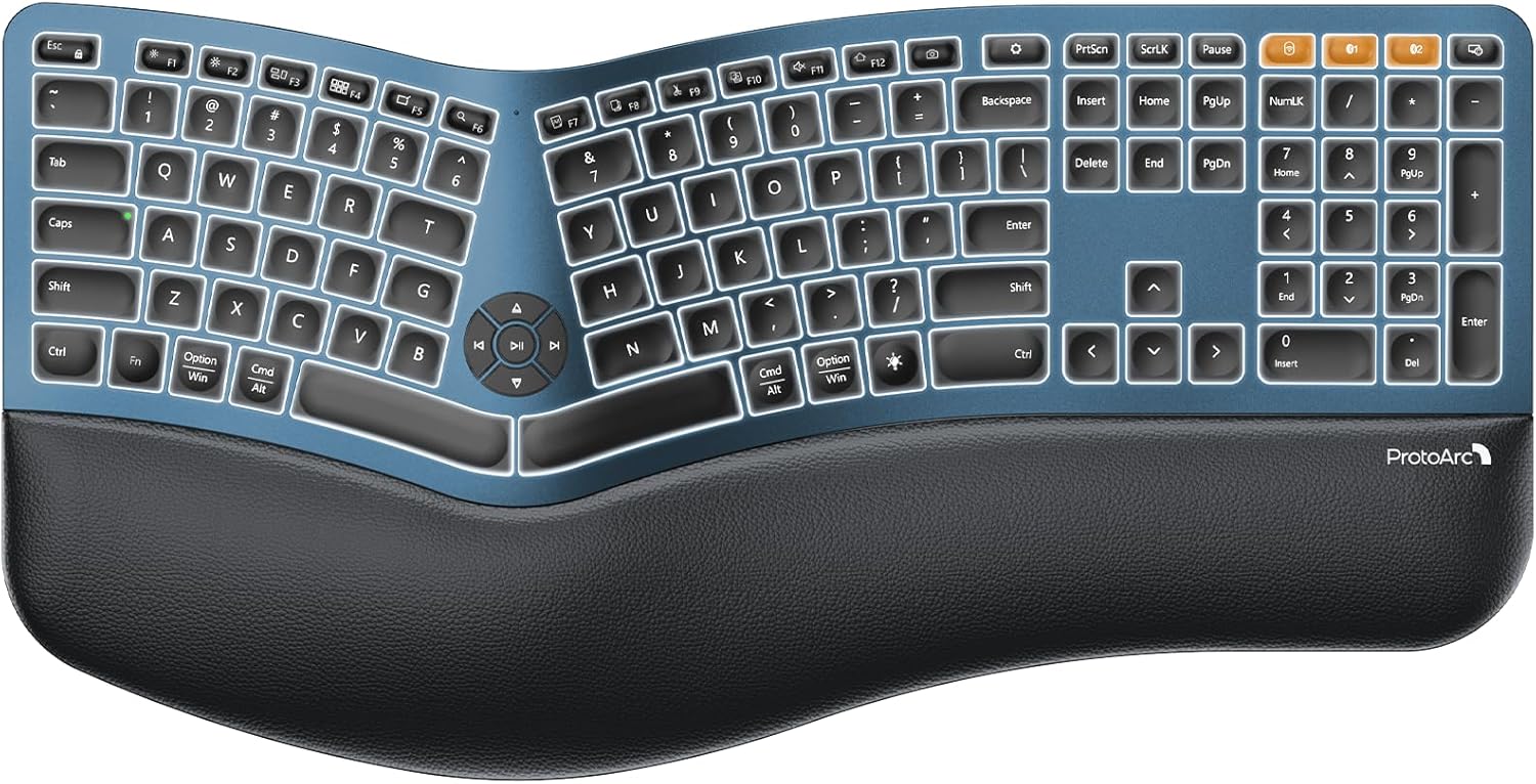 ProtoArc Backlit Wireless Ergonomic Keyboard, EK01 Plus Full Size Ergo Keyboard with Wrist Rest, Split Design, Rechargeable, Bluetooth and USB, Natural Typing Compatible with Windows/Mac/Android,Blue-0