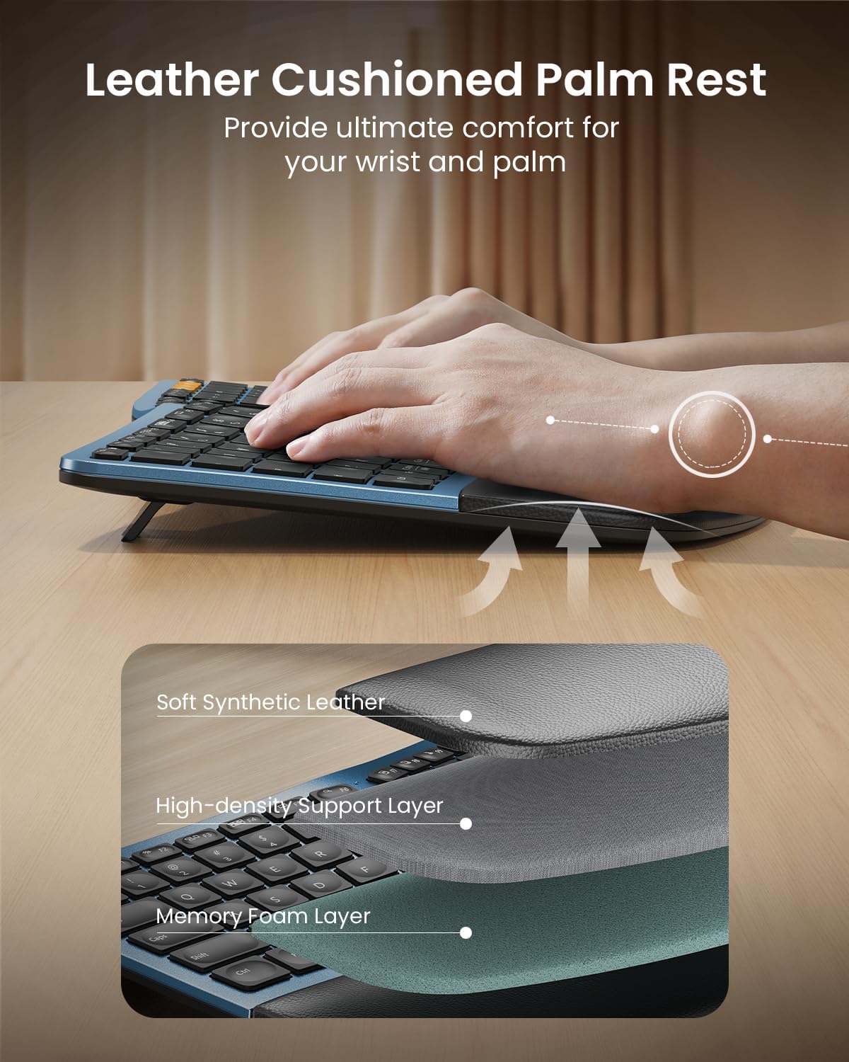 ProtoArc Backlit Wireless Ergonomic Keyboard, EK01 Plus Full Size Ergo Keyboard with Wrist Rest, Split Design, Rechargeable, Bluetooth and USB, Natural Typing Compatible with Windows/Mac/Android,Blue-2