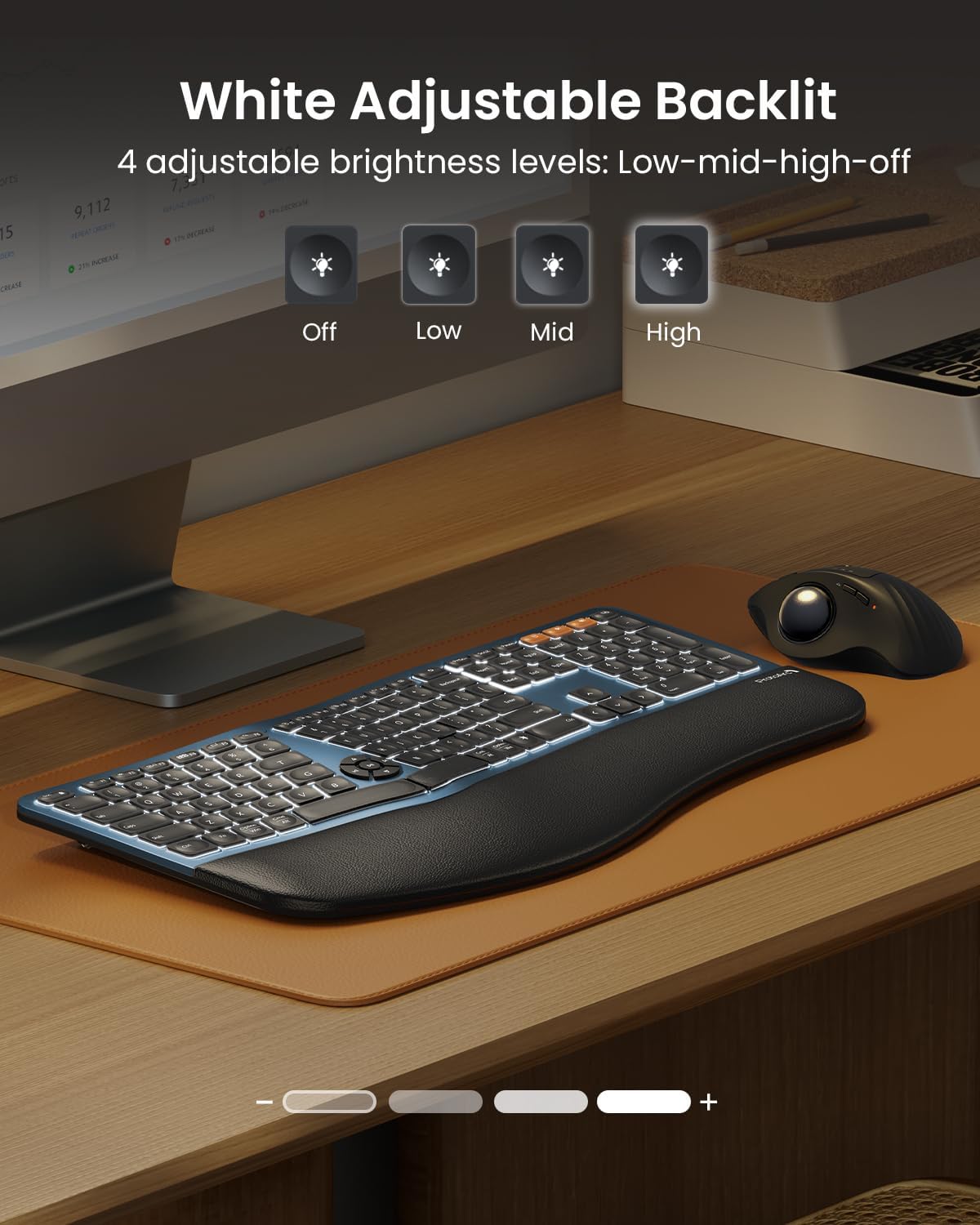 ProtoArc Backlit Wireless Ergonomic Keyboard, EK01 Plus Full Size Ergo Keyboard with Wrist Rest, Split Design, Rechargeable, Bluetooth and USB, Natural Typing Compatible with Windows/Mac/Android,Blue-3