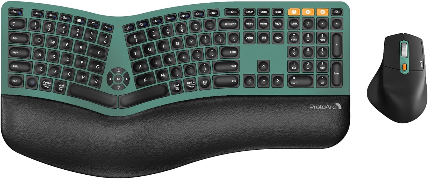 ProtoArc Ergonomic Wireless Keyboard Mouse, EKM01 Plus Full Size Ergo Bluetooth Keyboard Mouse Combo, Split Design, Wrist Rest, Multi-Device, Rechargeable, for Windows/Mac OS - Dark Green-0