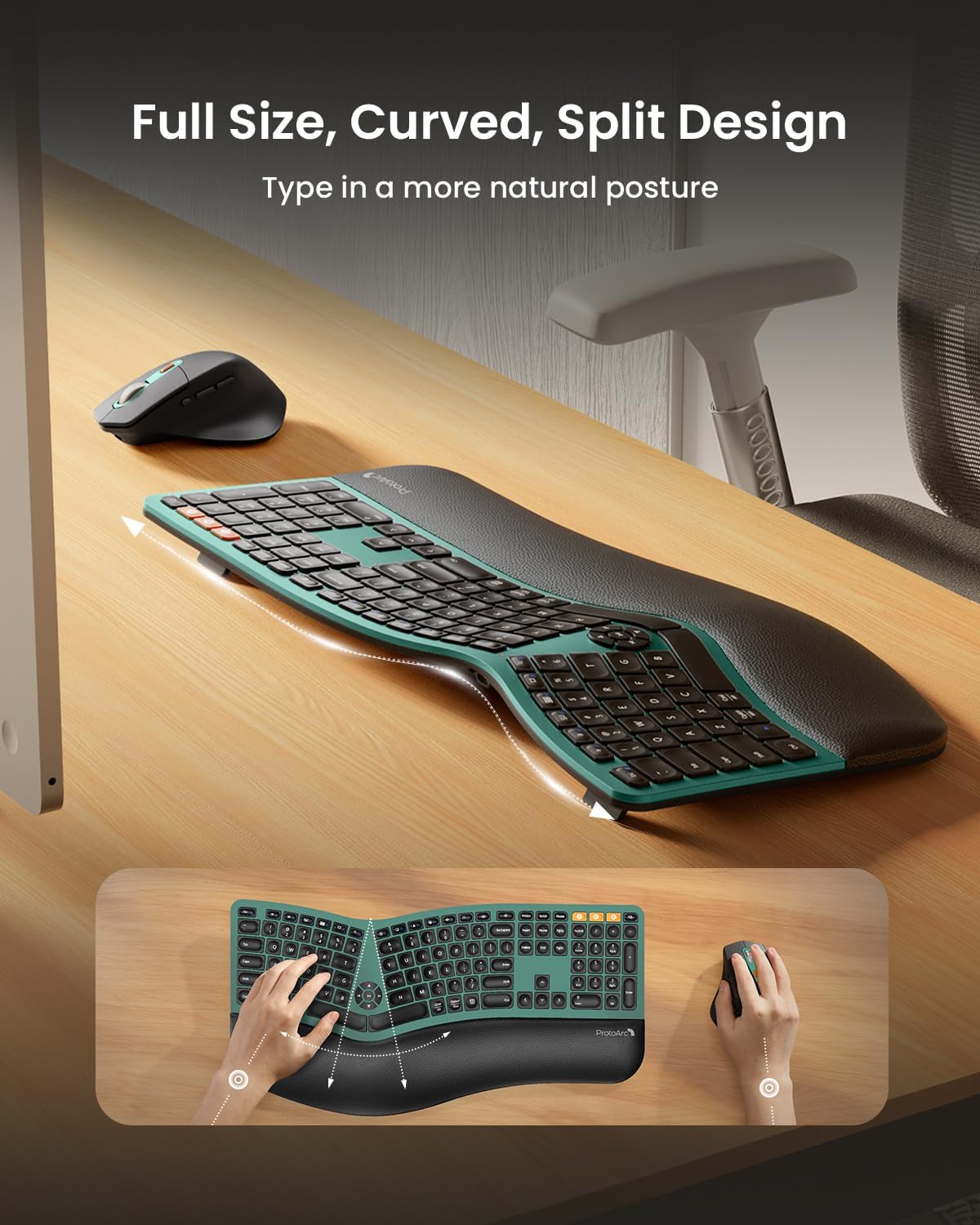 ProtoArc Ergonomic Wireless Keyboard Mouse, EKM01 Plus Full Size Ergo Bluetooth Keyboard Mouse Combo, Split Design, Wrist Rest, Multi-Device, Rechargeable, for Windows/Mac OS - Dark Green-1