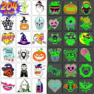 204 PCS Glow Halloween Temporary Tattoos for Kids, Individually Wrapped Sheets Kids Fake Tattoos, Luminous Pumpkin/Candy/Ghost Tattoo Stickers