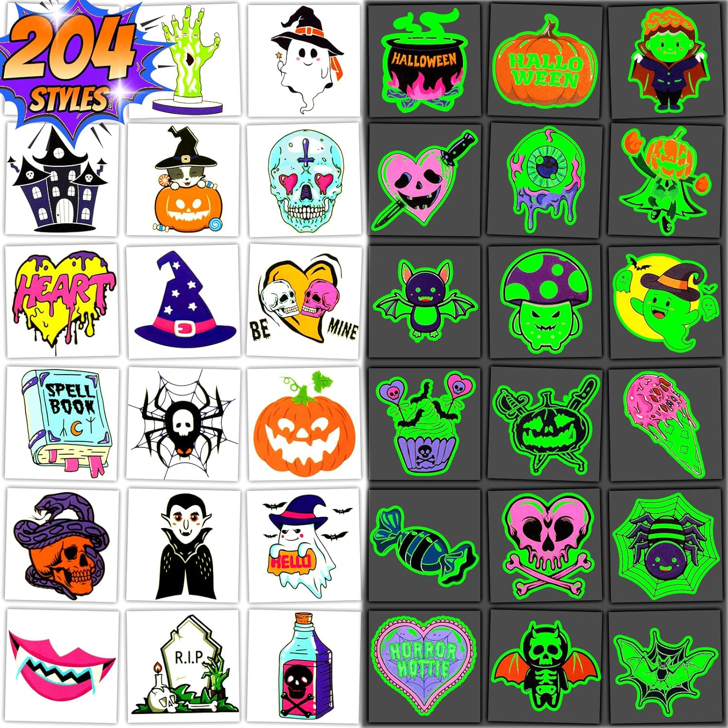 204 PCS Glow Halloween Temporary Tattoos for Kids, Individually Wrapped Sheets Kids Fake Tattoos, Luminous Pumpkin/Candy/Ghost Tattoo Stickers-0