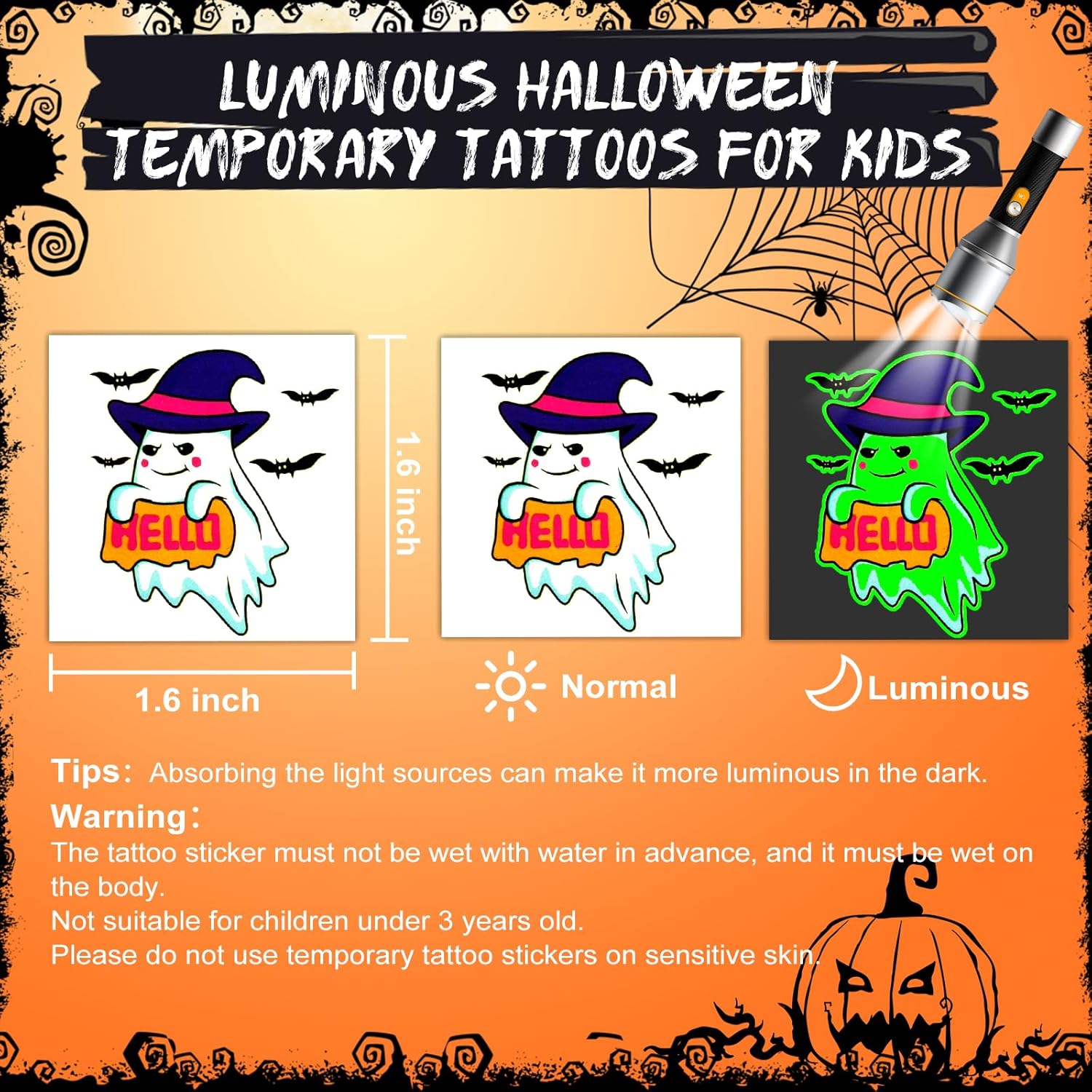 204 PCS Glow Halloween Temporary Tattoos for Kids, Individually Wrapped Sheets Kids Fake Tattoos, Luminous Pumpkin/Candy/Ghost Tattoo Stickers-1