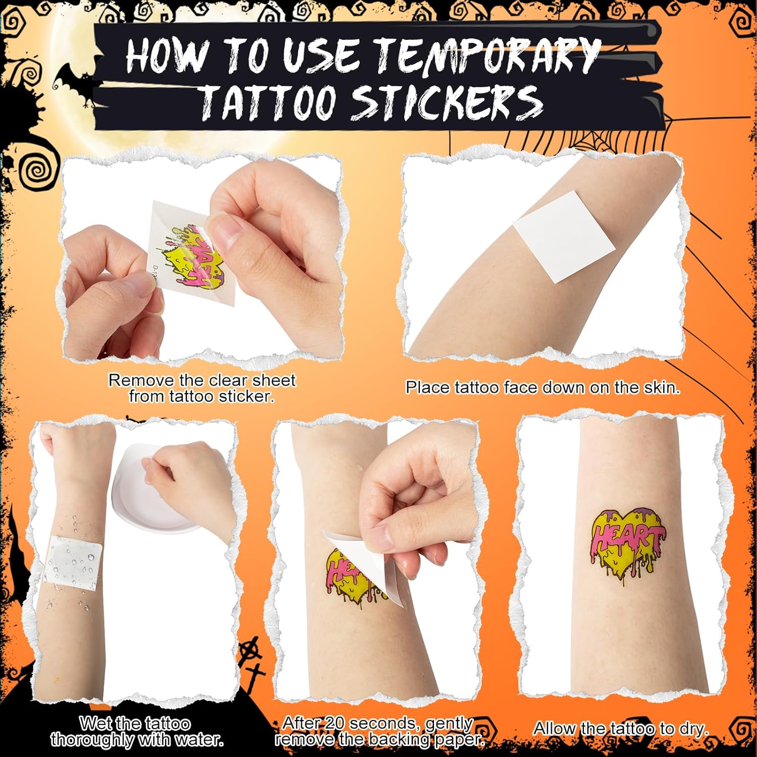 204 PCS Glow Halloween Temporary Tattoos for Kids, Individually Wrapped Sheets Kids Fake Tattoos, Luminous Pumpkin/Candy/Ghost Tattoo Stickers-4