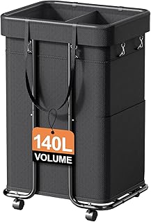 Yecaye Laundry Basket with Wheels, 37 Gal (140L) Laundry Hamper 2-Section, Rolling Laundry Basket with Metal Frame and Removable Bag, Dirty Clothes Hamper for Laundry Room, Bedroom, Bathroom - Black