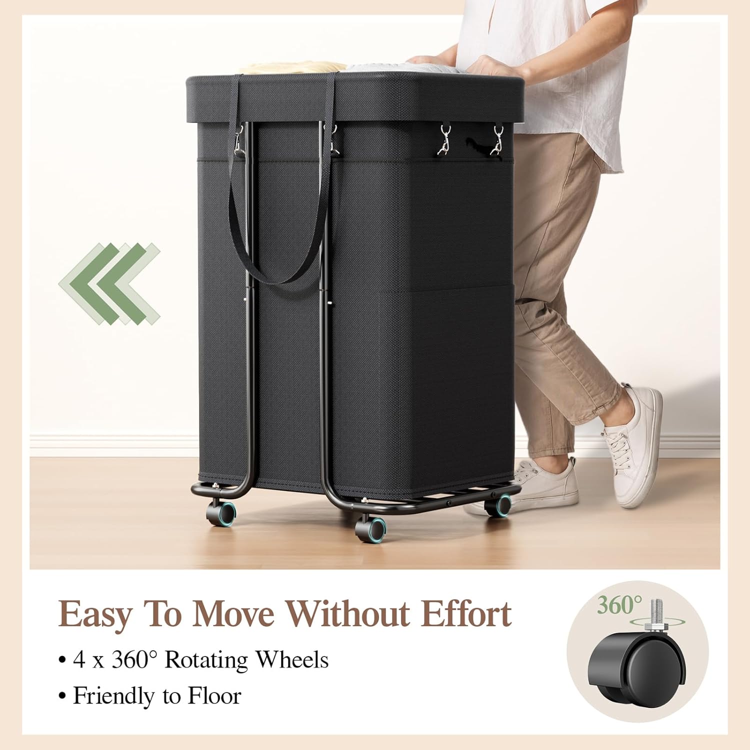 Yecaye Laundry Basket with Wheels, 37 Gal (140L) Laundry Hamper 2-Section, Rolling Laundry Basket with Metal Frame and Removable Bag, Dirty Clothes Hamper for Laundry Room, Bedroom, Bathroom - Black-4