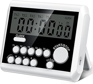 XREXS 5 Channels Digital Kitchen Timer, Clock Mode with Large LCD Display, Cooking Timer, Loud Volume Alarm and Flashing Light with Magnetic Back, Stand, Battery Included